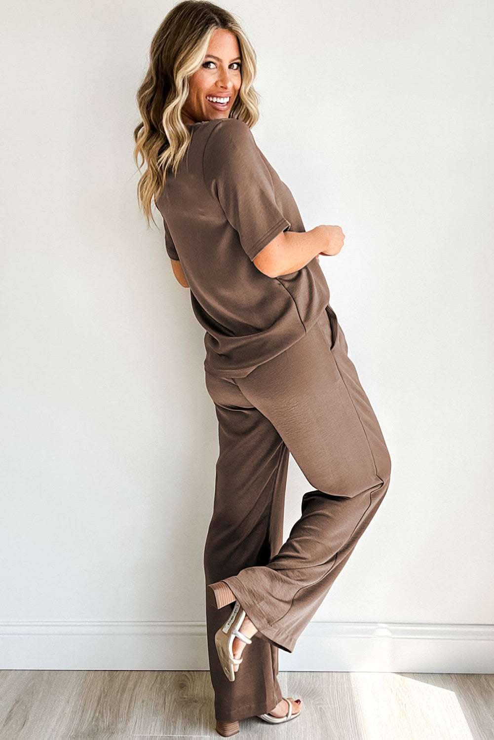 Smoke Gray Solid Color T Shirt 2pcs Wide Leg Pants Set - Love Salve